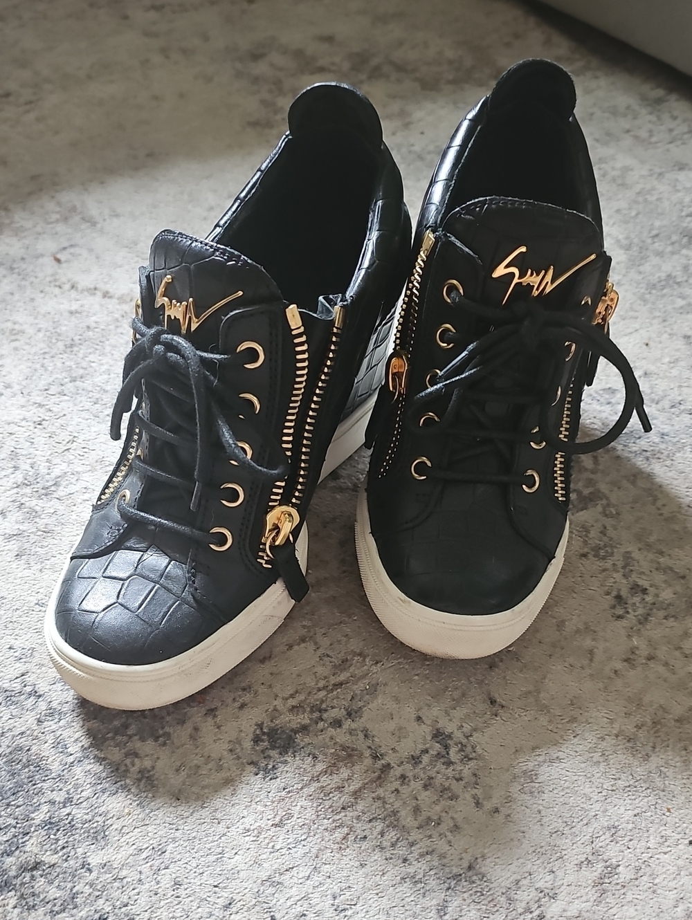 Giuseppe Zanotti Black Croc-Embossed Sneakers with Gold Hardware